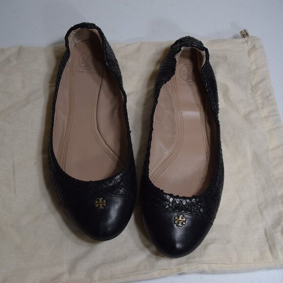 Tory Burch Black York Ballet Flats w/Snake Textured design, size 8 - Picture 1 of 7
